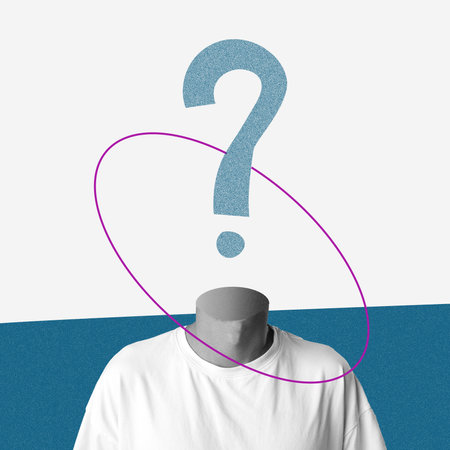 Imaginary figure in a creative design with a question mark and abstract shapes on a colorful...