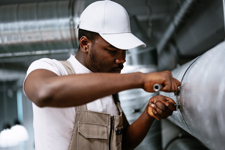 Skilled worker repairs industrial piping in a modern facility during daylight hours while using a wrench for adjustmentの写真素材
