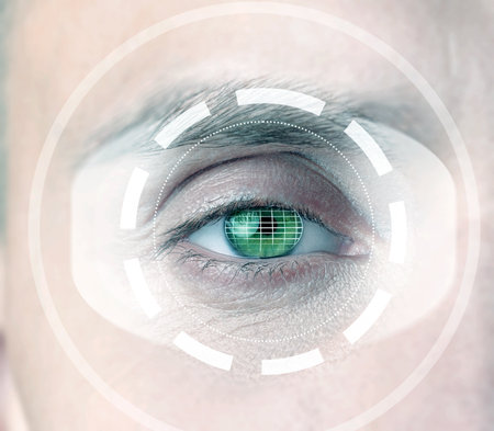 Close-up view of a human eye with digital scanning effects representing biometric technologyの写真素材