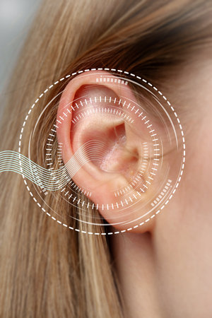 Close-up view of a human ear with sound wave graphics indicating auditory activity and analysis in a modern settingの写真素材
