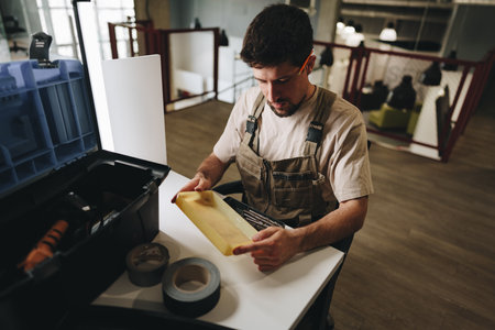 Man organizing tools and materials in a workshop while preparing for a crafting project in the afternoon lightの写真素材