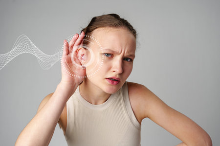 Young woman listening intently while experiencing sound waves in a minimalist studio setting