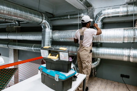 HVAC technician installing ductwork in a modern commercial space during daylight hoursの写真素材