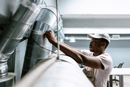 Technician working on ventilation system in modern office during daytimeの写真素材