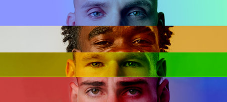 Diverse group of men with striking eyes and colorful backgrounds during a creative portrait sessionの写真素材