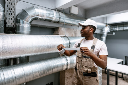 Worker inspects ductwork and applies tape in a modern building renovation project during the dayの写真素材