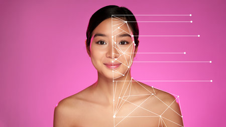 Sophisticated digital art showcasing facial features against a vibrant pink background during a creative tech exhibitの写真素材