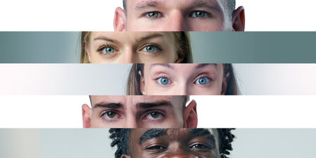 Diverse group of individuals with striking blue eyes showcasing unity and connectionの写真素材