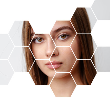 Creative hexagonal portrait of a young woman showcasing beauty and artistryの写真素材