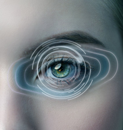 Visual representation of digital eye enhancement with swirling light patterns and a close-up of an eye in focusの写真素材