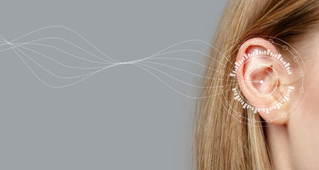 Sound waves interact with human ear showcasing advanced audio technology in a modern settingの写真素材