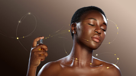 Woman applying fragrance in beauty studio with soft lighting and elegant atmosphere