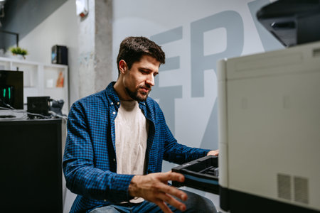 Man working on a printer in a modern office environment during a busy workdayの写真素材