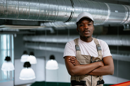 Skilled worker posing confidently in a modern industrial workspace during daytimeの写真素材