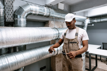 Worker installs ventilation system in modern commercial space during daylight hoursの写真素材