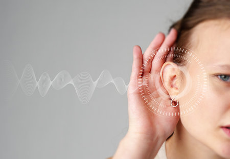 Conceptual illustration of a woman listening attentively with sound waves representing clear sound communicationの写真素材