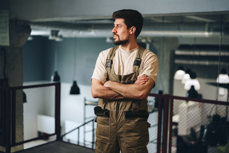 Workplace setting featuring a man in overalls reflecting on his tasks in an industrial environment during daytimeの写真素材