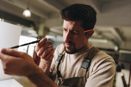 Man organizing tools and materials in a workshop while preparing for a crafting project in the afternoon lightの写真素材