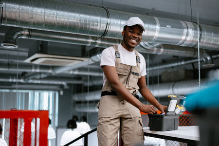 Skilled worker in a modern workspace smiles confidently while organizing tools during industrial...