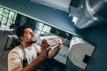 Worker installs a new light fixture while ensuring proper alignment in a modern office spaceの写真素材
