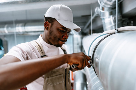 Skilled technician repairs piping system in industrial facility during daytimeの写真素材
