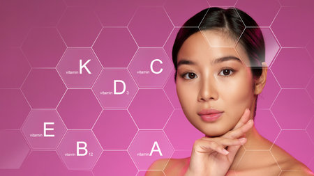 Beauty concept showcasing a woman with glowing skin and vitamin hexagons against a vibrant pink backgroundの写真素材