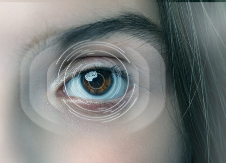 Close-up view of an eye showcasing vibrant colors and digital graphics representing technology in vision at a studioの写真素材