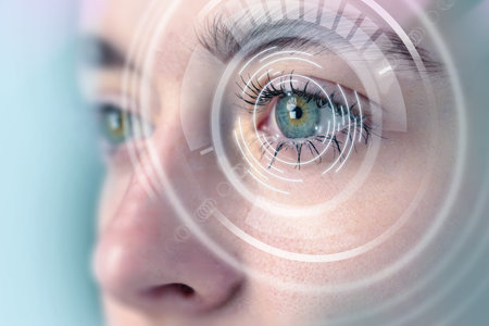 Close-up view of a persons eye with digital overlay indicating technology and vision enhancement...