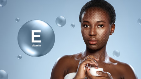 Skincare routine with vitamin E as a highlight in a serene setting for a glowing complexionの写真素材