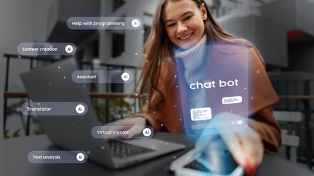 Young woman engaging with chatbot technology for various tasks outdoors during the dayの写真素材