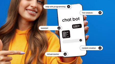 Exploring the features of an AI chatbot through a smartphone demonstration in a vibrant settingの写真素材