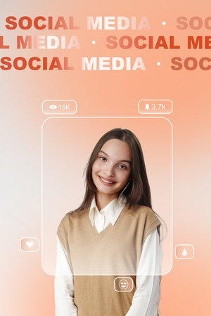 Young woman engaging with social media platform interface and showcasing digital notifications in a modern settingの写真素材