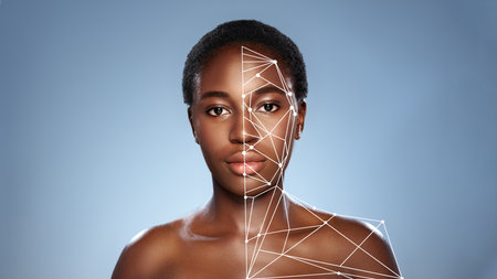 Digital art depicting a woman with half of her face represented by geometric shapes and lines against a blue backgroundの写真素材