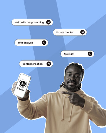 Man holding smartphone showcasing AI chatbot features for programming assistance and content creationの写真素材