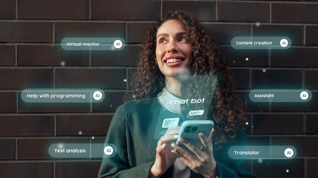 Woman using smartphone with holographic AI features in urban setting, showcasing technology in daily lifeの写真素材