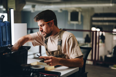 Craftsman working diligently at a table with tools in a modern workshop setting during daylight hoursの写真素材