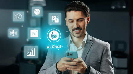 Professional man using smartphone for AI chat in modern office setting with technology iconsの写真素材