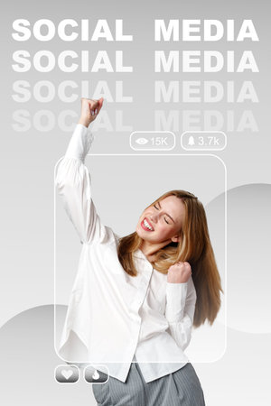 Celebrating success on social media with joyful expression and audience engagement in modern digital environmentの写真素材