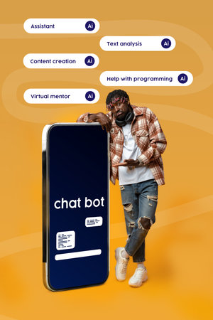 Innovative assistant stands next to large smartphone showcasing chatbot capabilities for text analysis and programming helpの写真素材