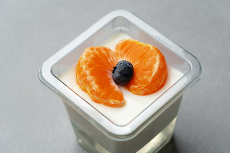 Creamy dessert topped with orange slices and a berry on a gray surface in a modern kitchen settingの写真素材