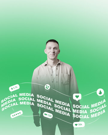Engaging social media influencer standing against a vibrant green background promoting online connection and interactionの写真素材