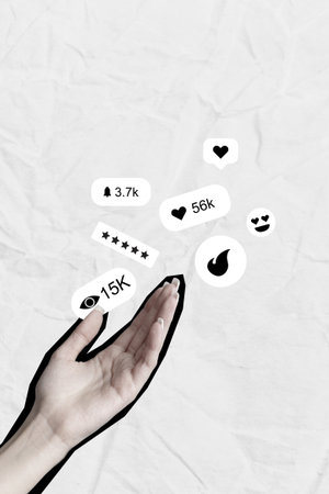 Engaging social media interactions and notifications illustrated with hand and icons against a textured backgroundの写真素材