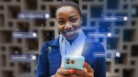 Young woman smiling while using smartphone with various AI applications visible in the background contextの写真素材