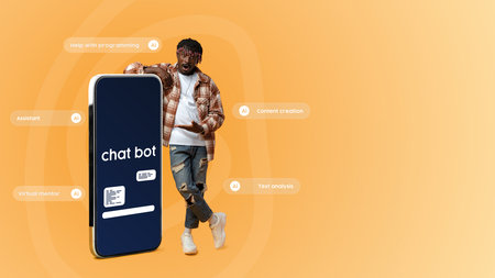 Engaging interaction with a chatbot in a creative workspace setting during the afternoonの写真素材