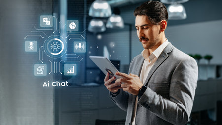 Professional man engaging with AI chat technology in an office setting during work hoursの写真素材