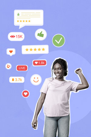 Social media engagement highlights a young woman celebrating her online success with metrics and positive interactionsの写真素材