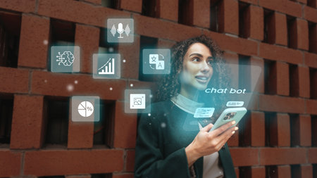 Young woman engaged with chatbot technology in an urban setting during the day