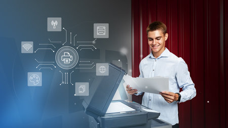 Young man using a multifunction printer in an office setting while reviewing printed documents and...