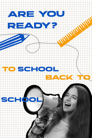 Excited student promoting back to school enthusiasm with a megaphone and school supplies in a classroom setting