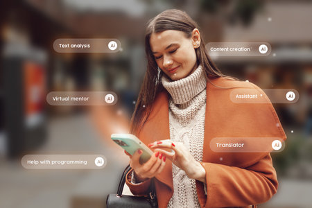 Young woman exploring AI applications while using smartphone in urban setting during daytimeの写真素材